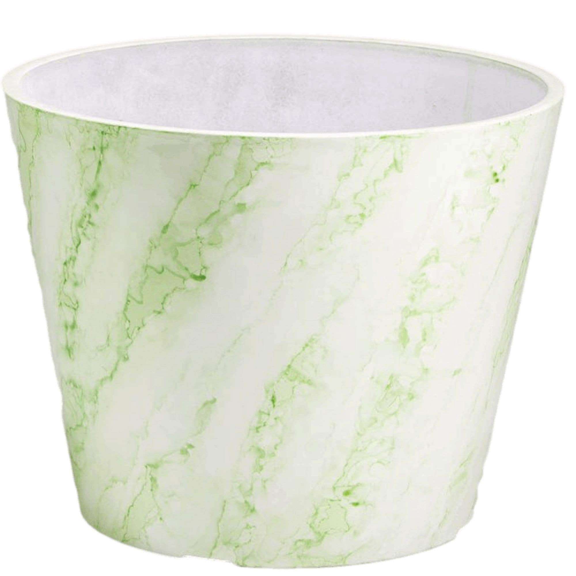 Green and white imitation marble pot, 25cm wide, made from recycled materials, showcasing a luxurious design for indoor or outdoor use.