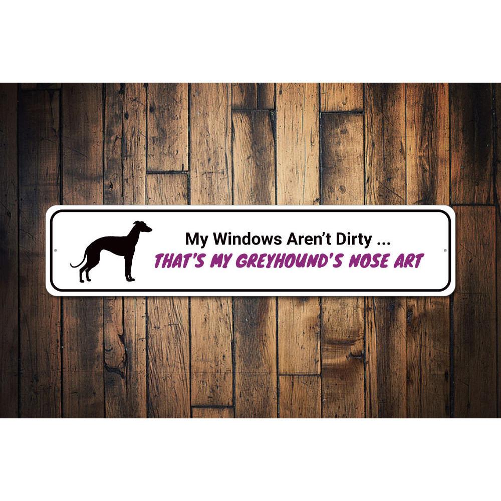 A decorative Greyhound Dog Sign made from high-quality aluminum, featuring a detailed design of a Greyhound dog, perfect for indoor or outdoor display.