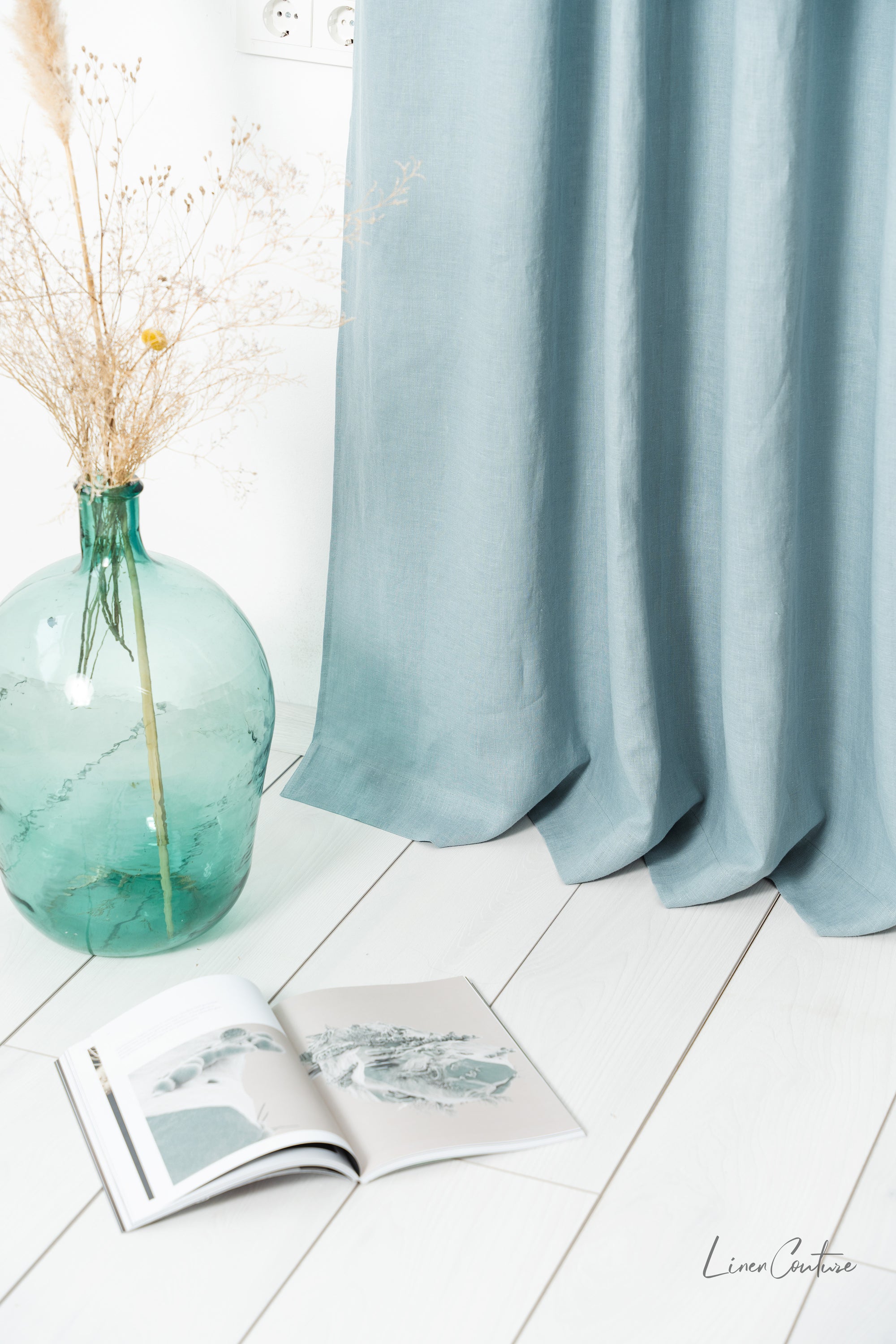 Greyish Mint linen curtain with tab tops, showcasing a soft texture and elegant color, perfect for enhancing any room's decor.