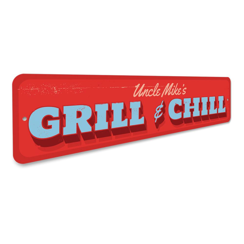 A decorative Grill & Chill Sign made of high-quality aluminum, featuring customizable text for personal touch, ideal for indoor and outdoor use.