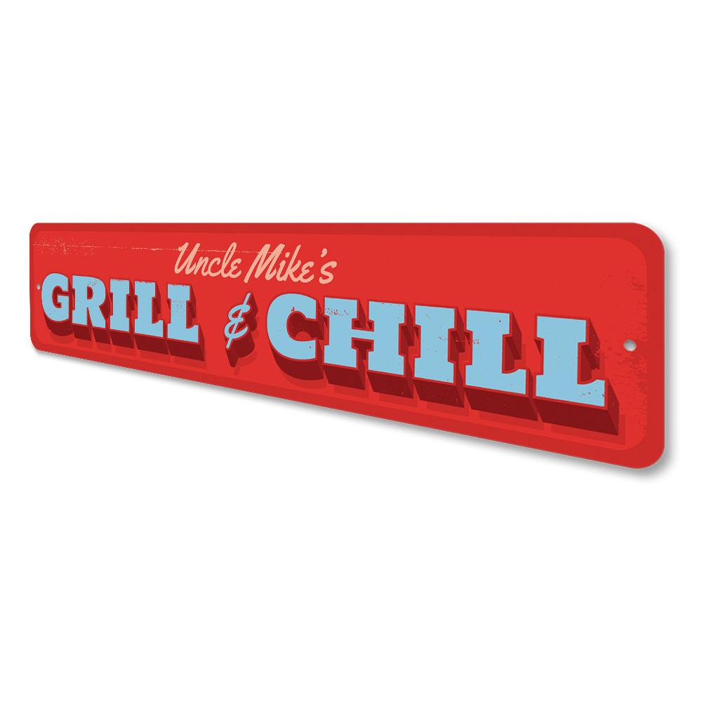 A decorative Grill & Chill Sign made of high-quality aluminum, featuring customizable text for personal touch, ideal for indoor and outdoor use.