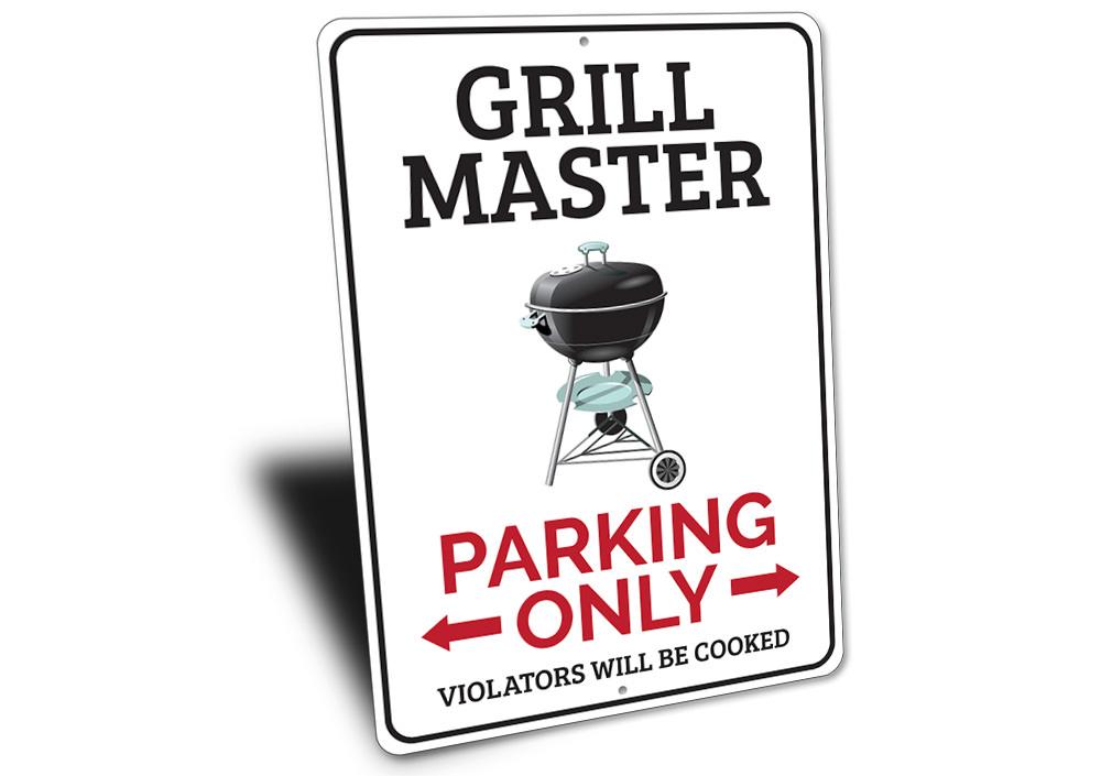 Grill Master Parking Sign made of durable aluminum, featuring a unique design for reserving parking spaces, suitable for indoor and outdoor use.