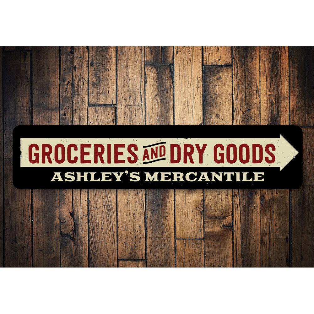 Customizable Groceries and Dry Goods Sign made of high-quality aluminum, featuring pre-drilled holes for easy mounting.