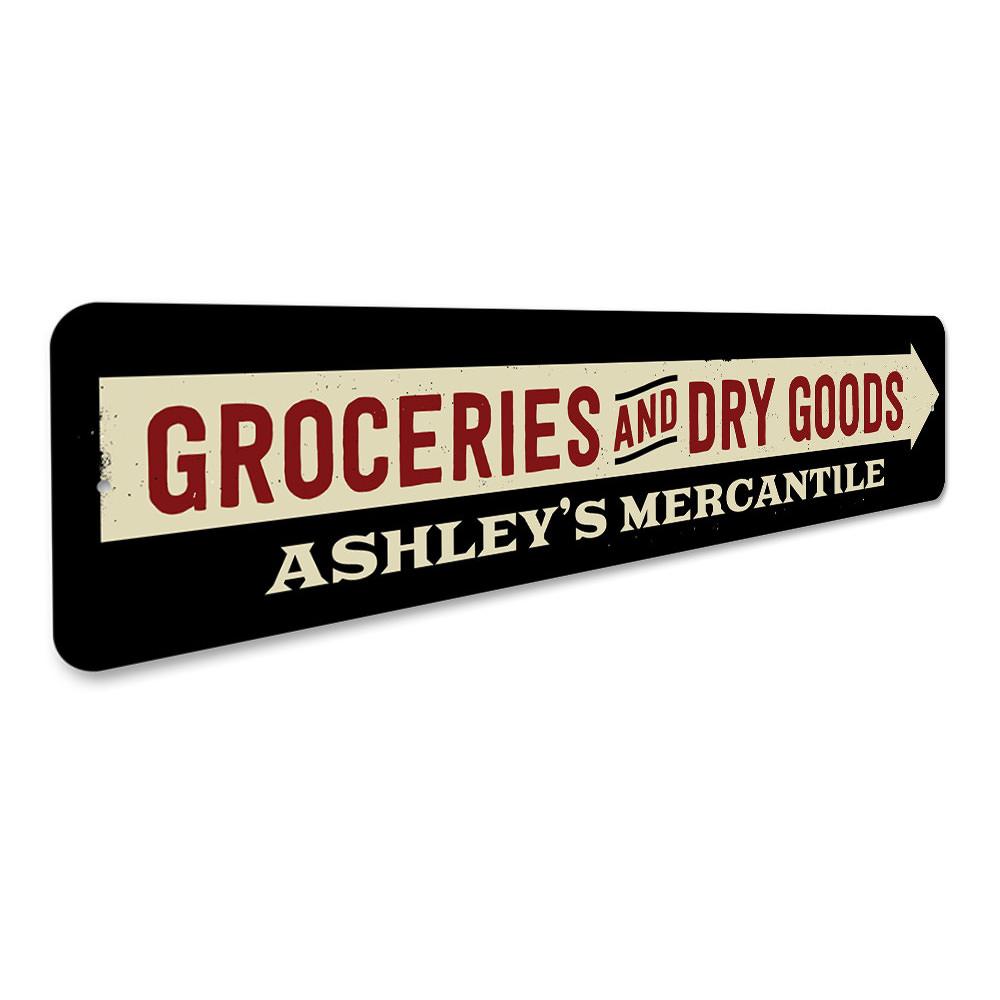 Customizable Groceries and Dry Goods Sign made of high-quality aluminum, featuring pre-drilled holes for easy mounting.