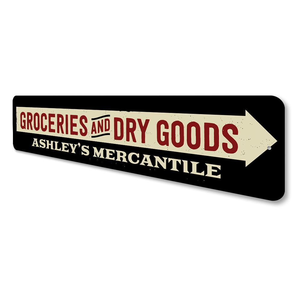 Customizable Groceries and Dry Goods Sign made of high-quality aluminum, featuring pre-drilled holes for easy mounting.