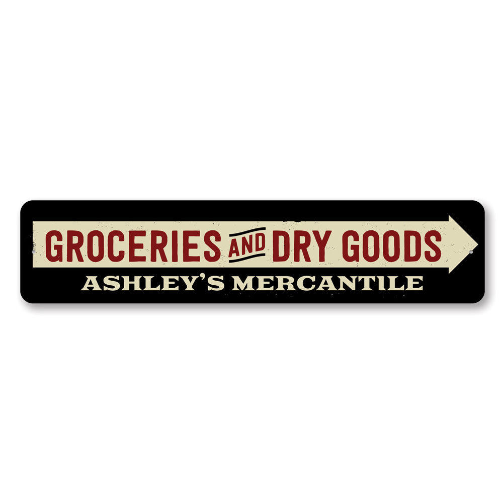 Customizable Groceries and Dry Goods Sign made of high-quality aluminum, featuring pre-drilled holes for easy mounting.