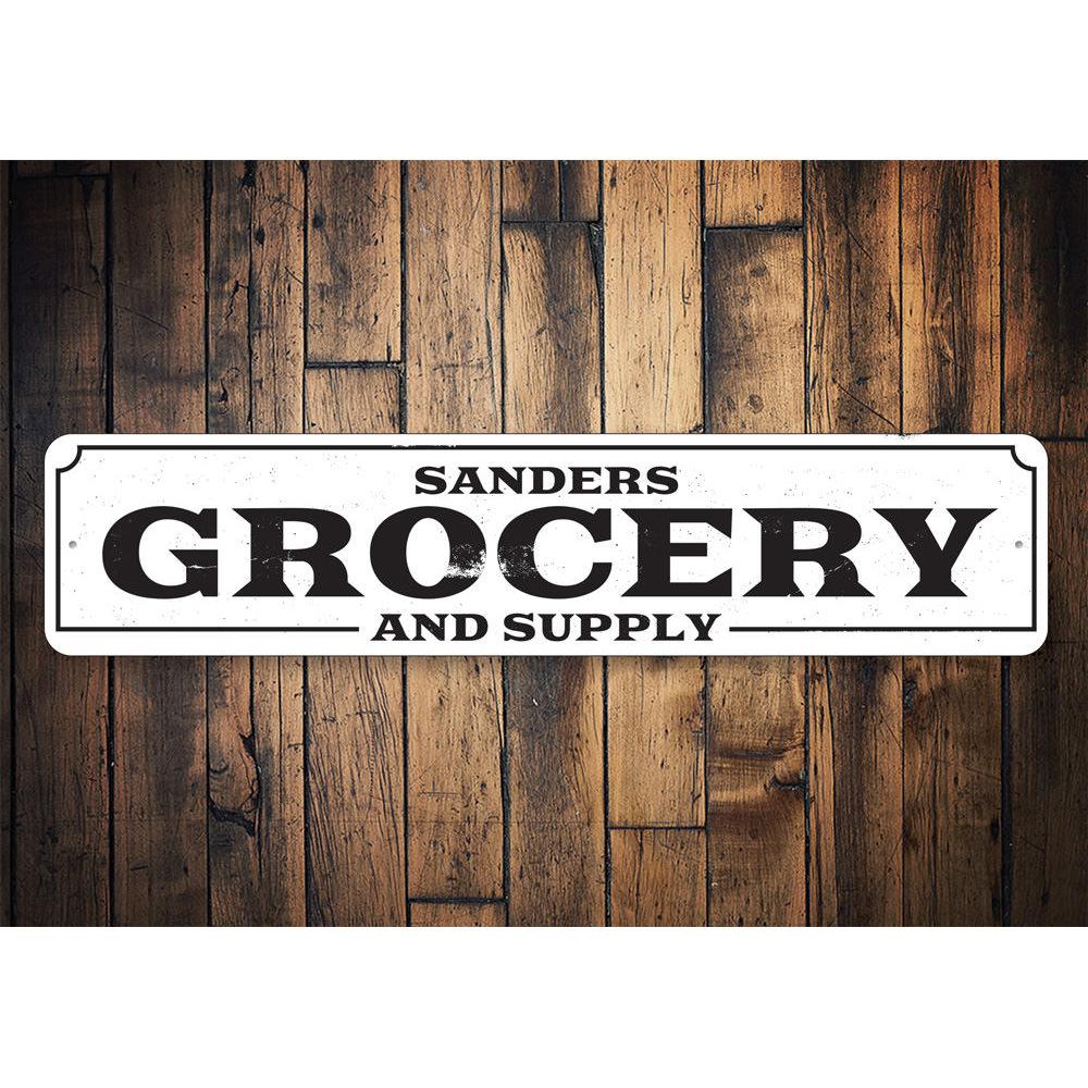 Customizable Grocery and Supply Sign made of high-quality aluminum, featuring pre-drilled holes for easy mounting, ideal for businesses and gifts.