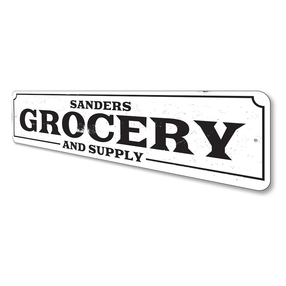 Customizable Grocery and Supply Sign made of high-quality aluminum, featuring pre-drilled holes for easy mounting, ideal for businesses and gifts.