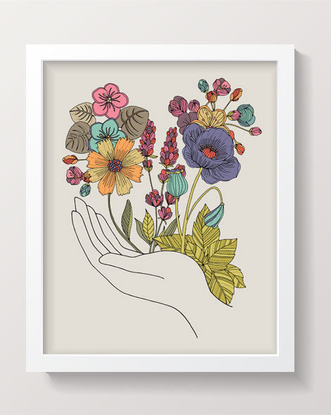 An archival art print of growing flowers, showcasing vibrant colors and intricate pen and ink details, ready to frame.