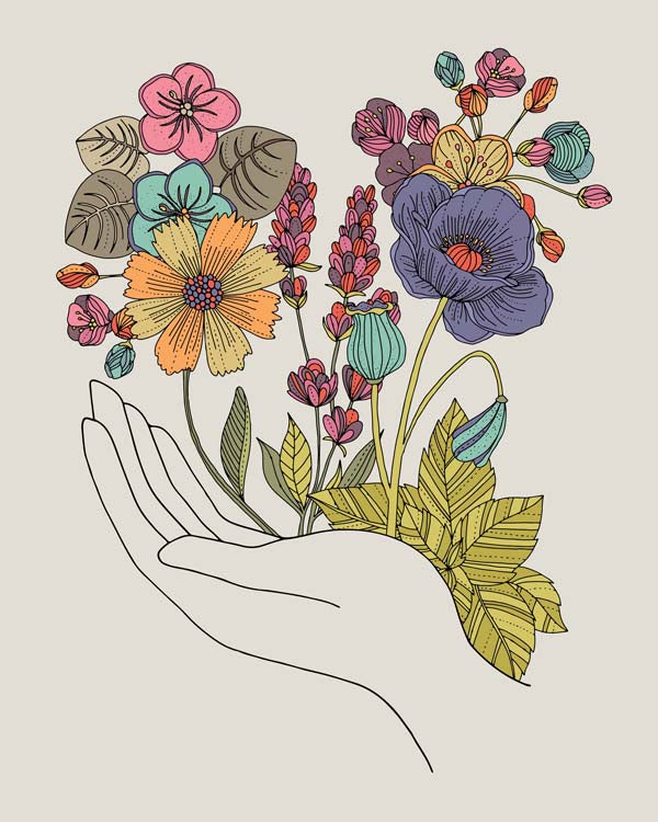 An archival art print of growing flowers, showcasing vibrant colors and intricate pen and ink details, ready to frame.