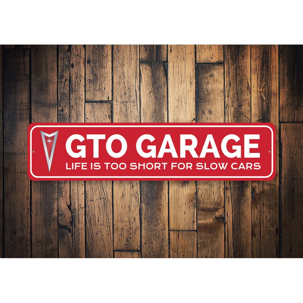 GTO Garage Sign made of high-quality aluminum, featuring vibrant colors and customizable text, perfect for garage or man cave decor.