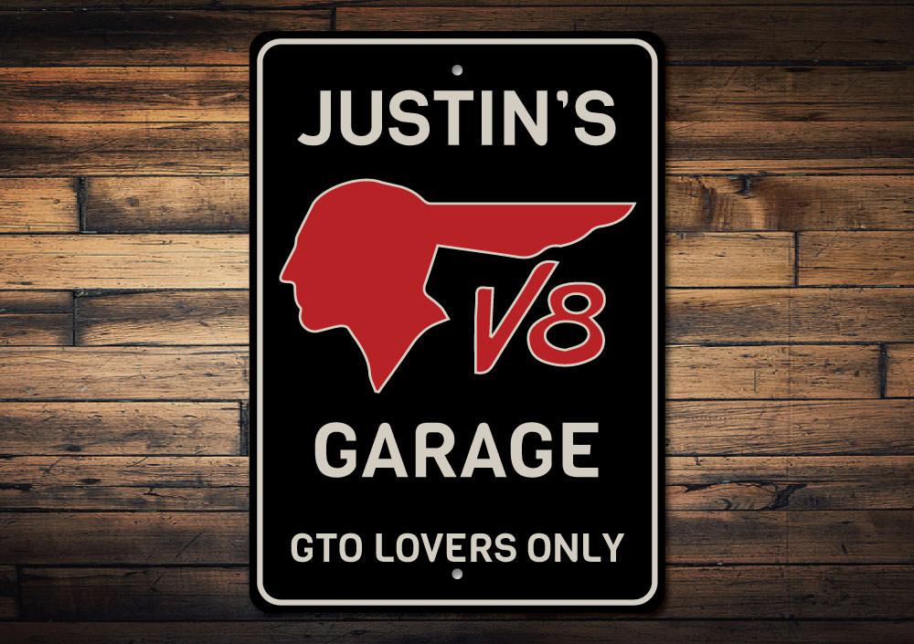 GTO Lovers Only Sign made of high-quality aluminum, featuring customizable text, ideal for garages and man caves.