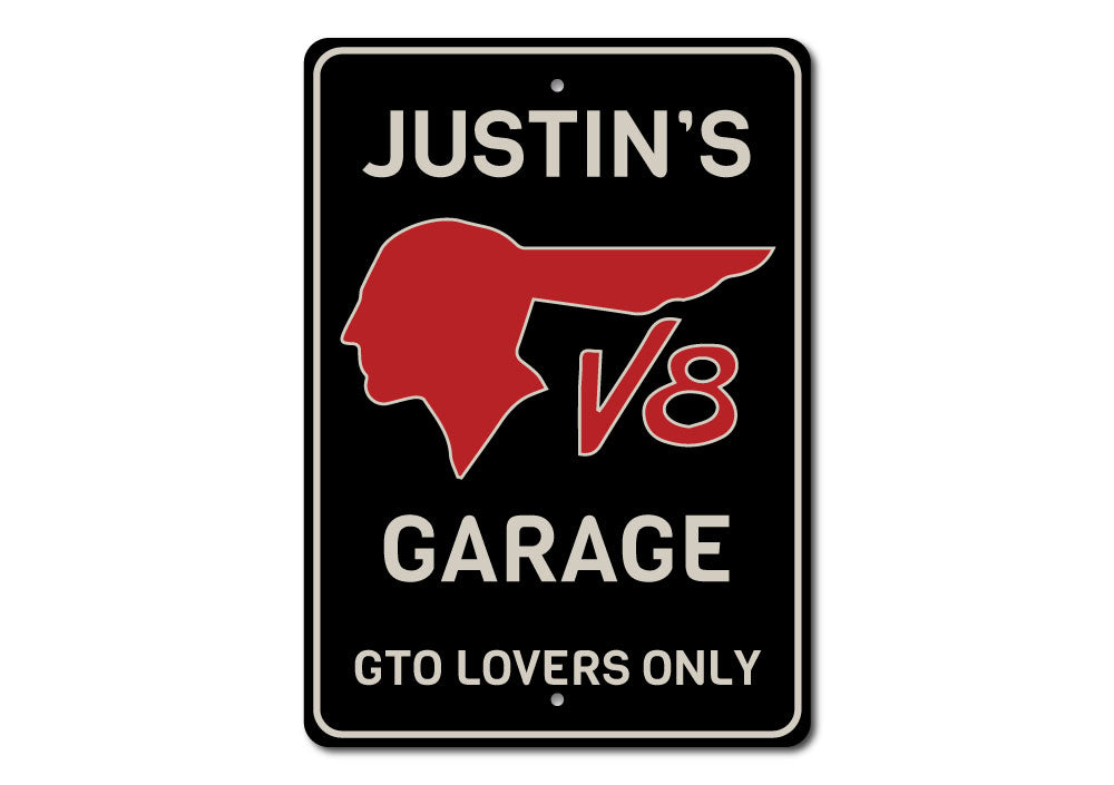 GTO Lovers Only Sign made of high-quality aluminum, featuring customizable text, ideal for garages and man caves.