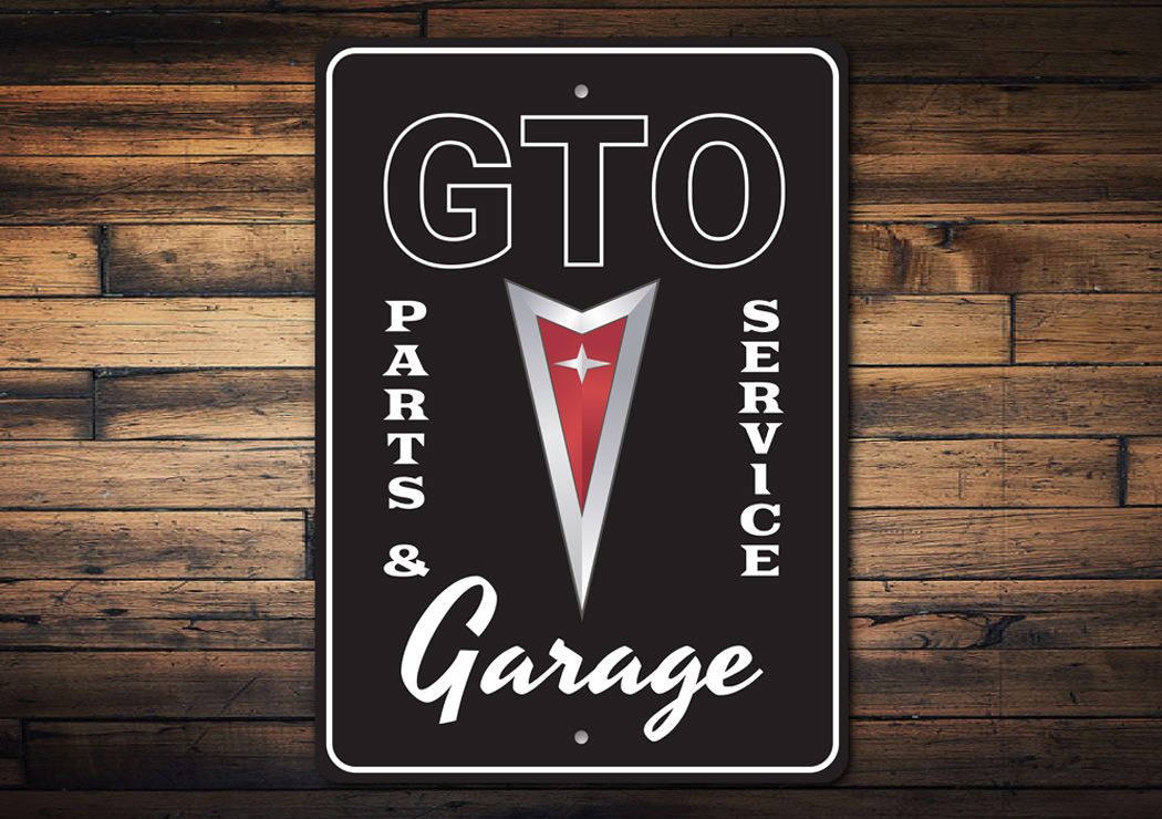 GTO Parts Sign made of high-quality aluminum, featuring vibrant colors and customizable text, perfect for home decor.