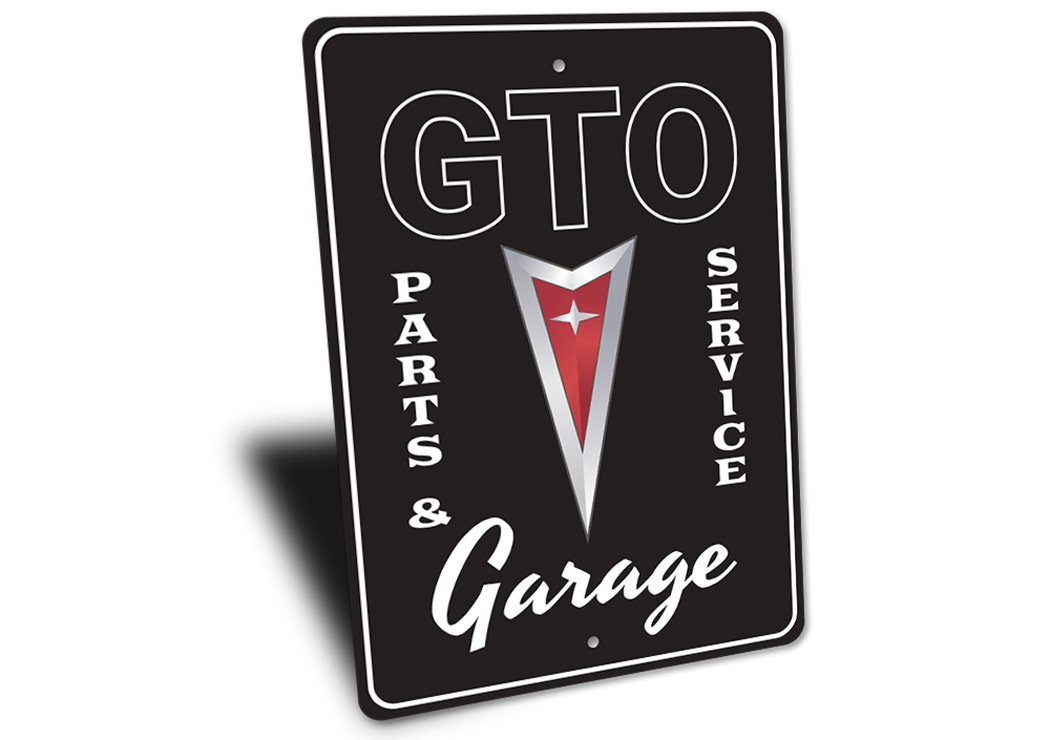 GTO Parts Sign made of high-quality aluminum, featuring vibrant colors and customizable text, perfect for home decor.