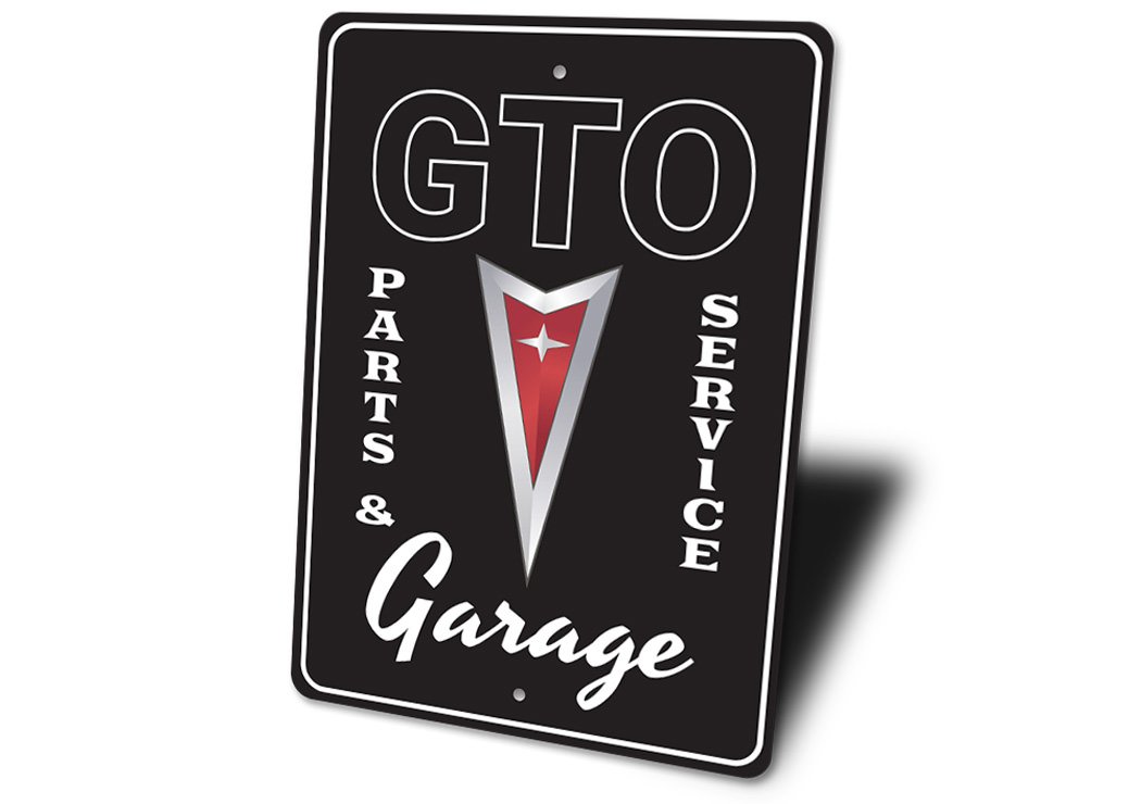 GTO Parts Sign made of high-quality aluminum, featuring vibrant colors and customizable text, perfect for home decor.