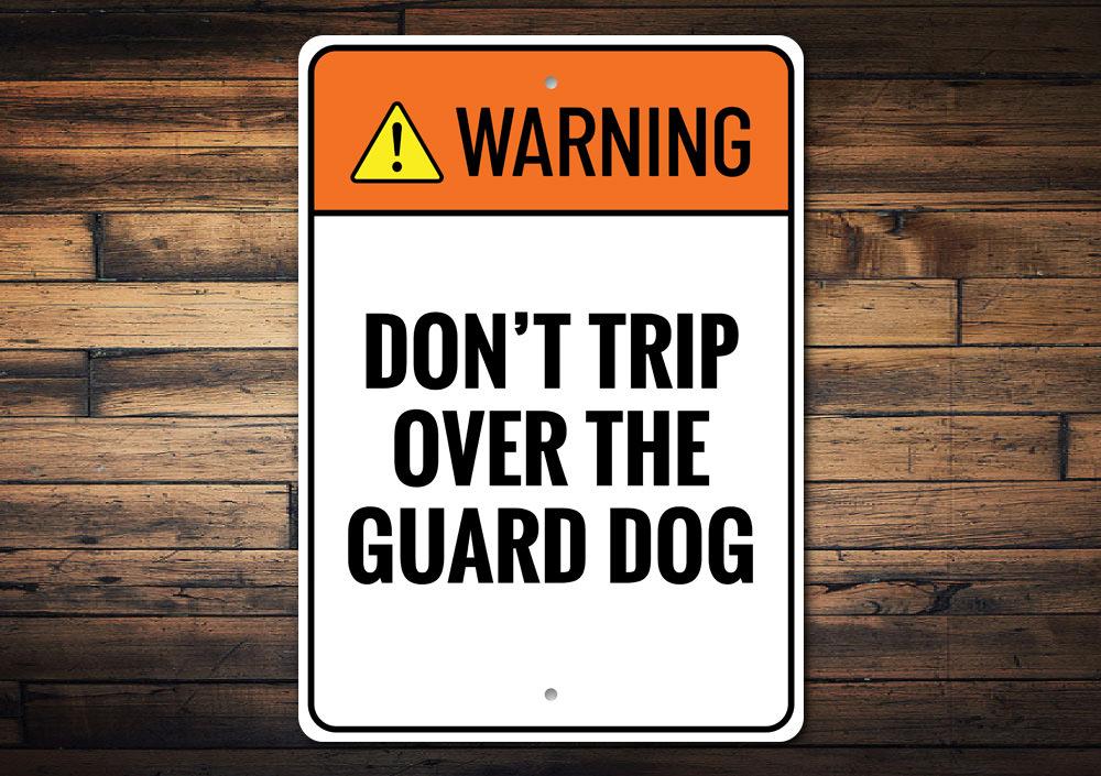 Guard Dog Warning Sign made of durable aluminum, featuring customizable text and pre-drilled holes for easy mounting.