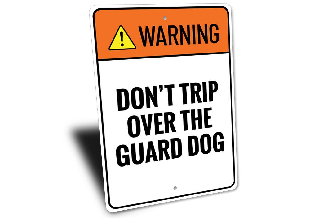 Guard Dog Warning Sign made of durable aluminum, featuring customizable text and pre-drilled holes for easy mounting.