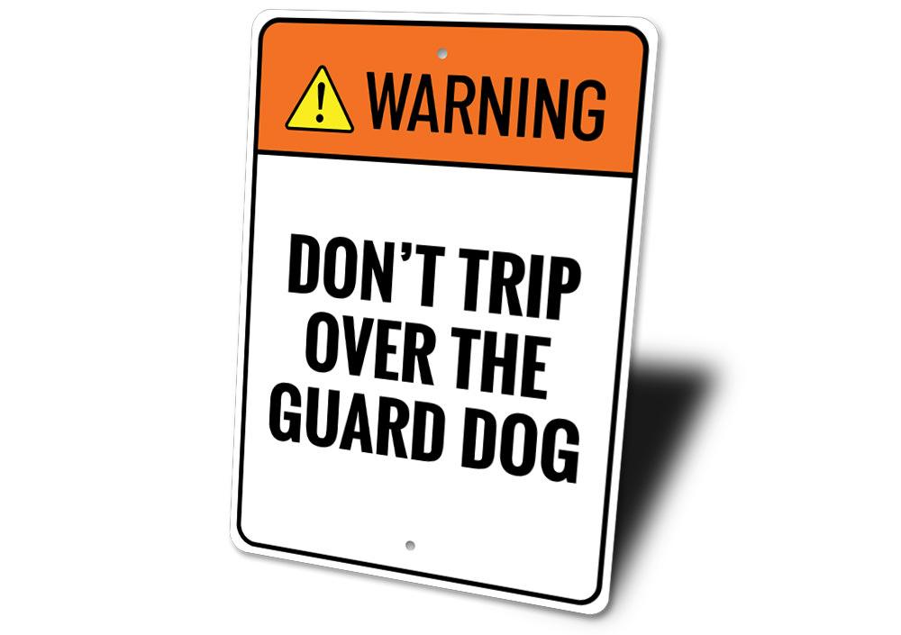 Guard Dog Warning Sign made of durable aluminum, featuring customizable text and pre-drilled holes for easy mounting.