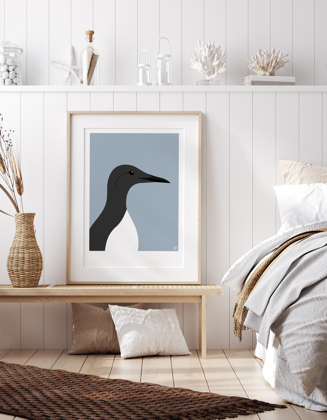 A minimalistic art print of a Guillemot bird, showcasing coastal charm and elegance.