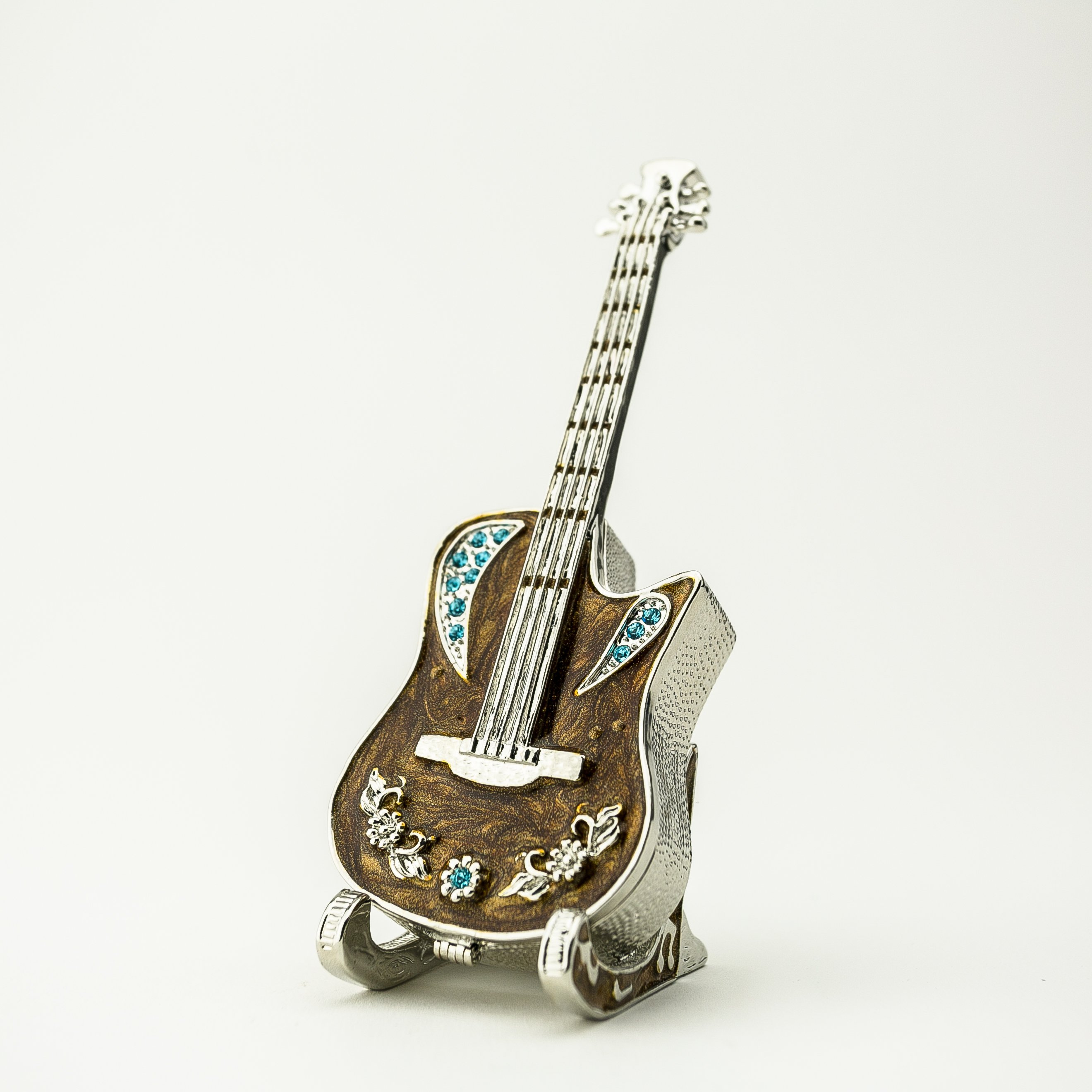 Handmade Guitar on Stand jewelry box with Austrian crystals and 24K gold plating, elegantly designed for storing jewelry.