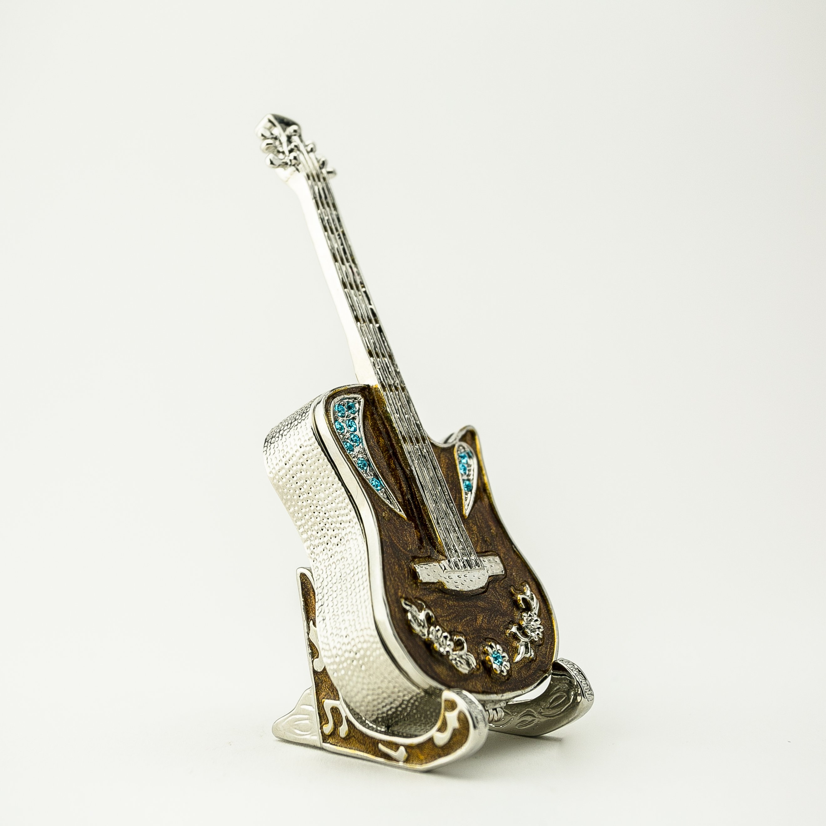 Handmade Guitar on Stand jewelry box with Austrian crystals and 24K gold plating, elegantly designed for storing jewelry.