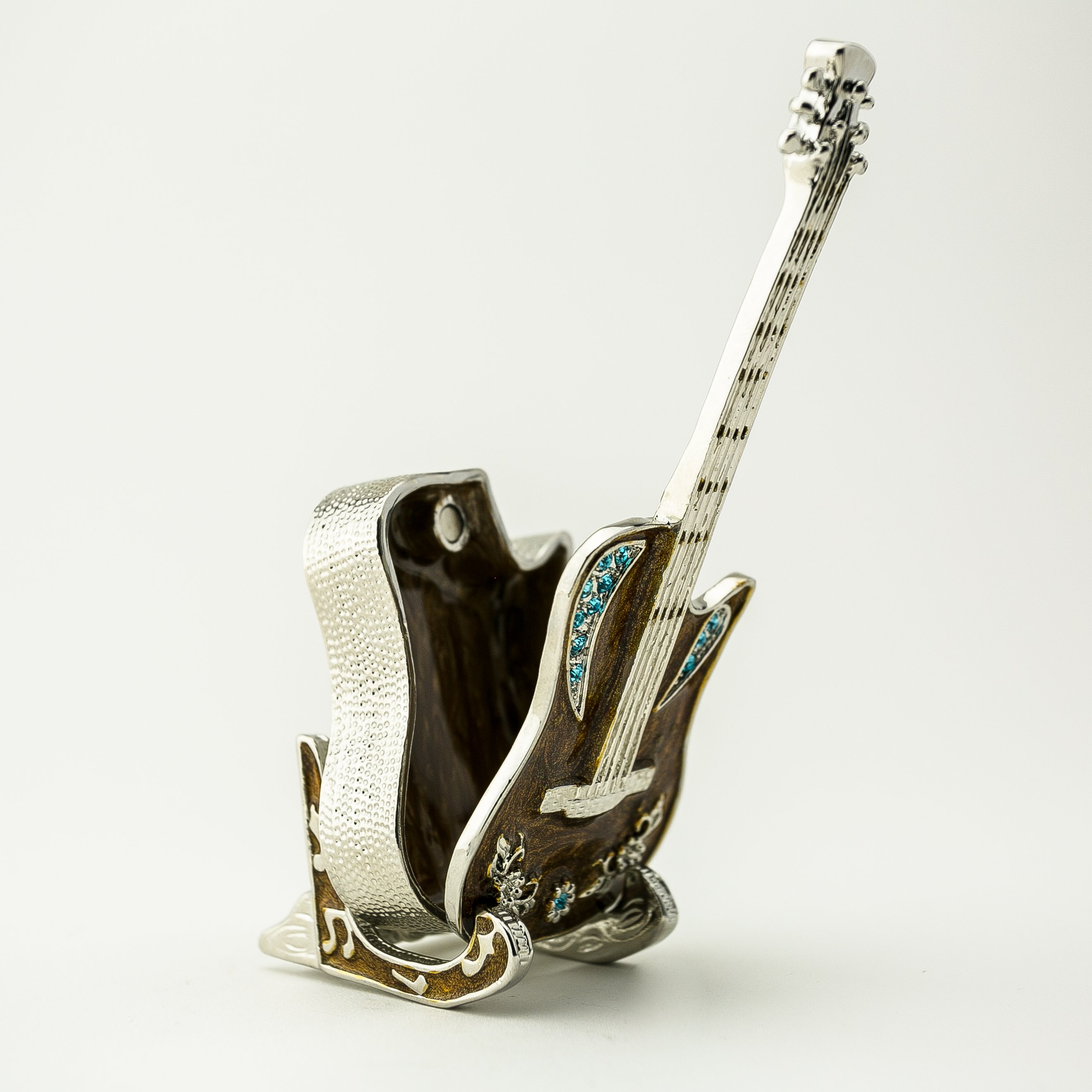 Handmade Guitar on Stand jewelry box with Austrian crystals and 24K gold plating, elegantly designed for storing jewelry.