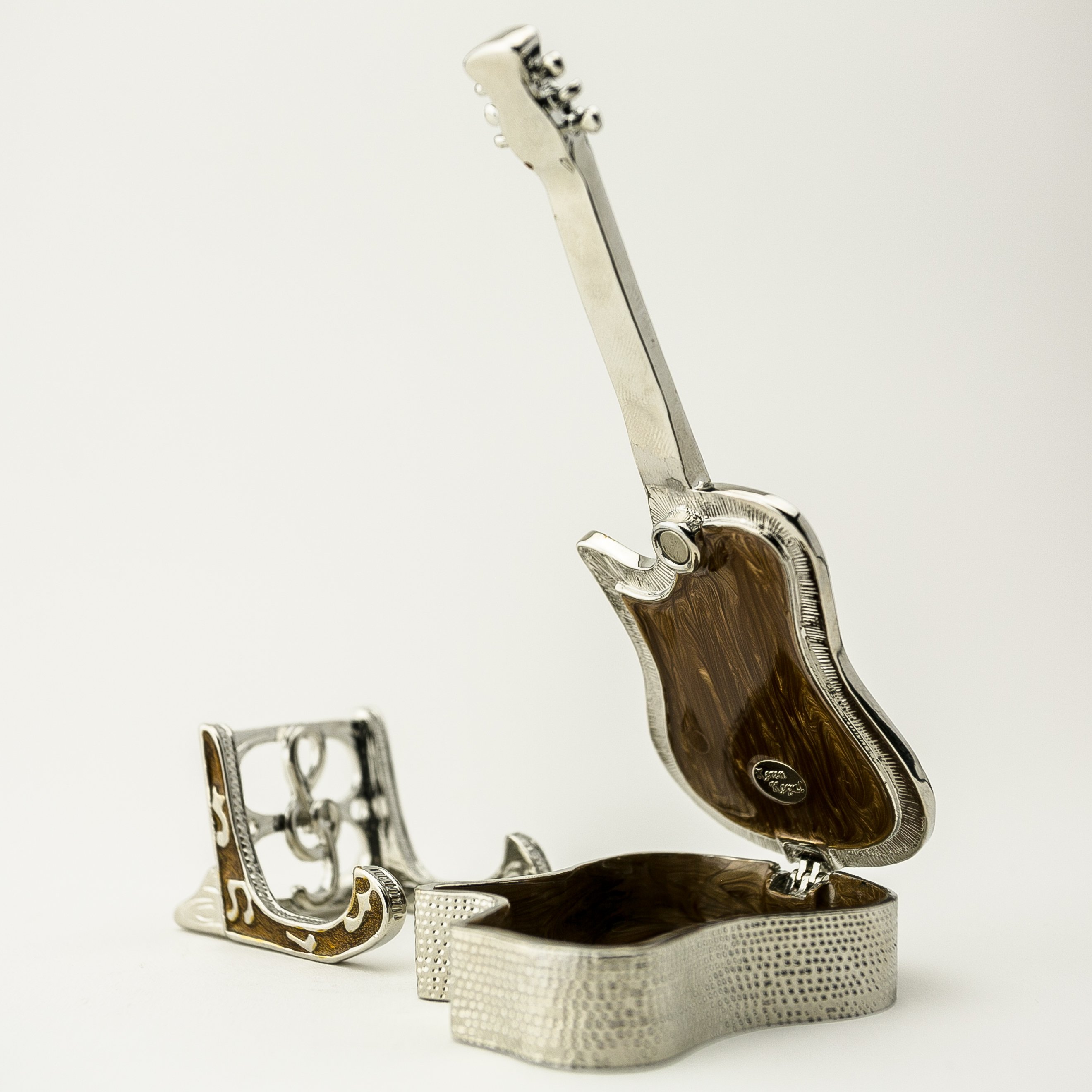 Handmade Guitar on Stand jewelry box with Austrian crystals and 24K gold plating, elegantly designed for storing jewelry.