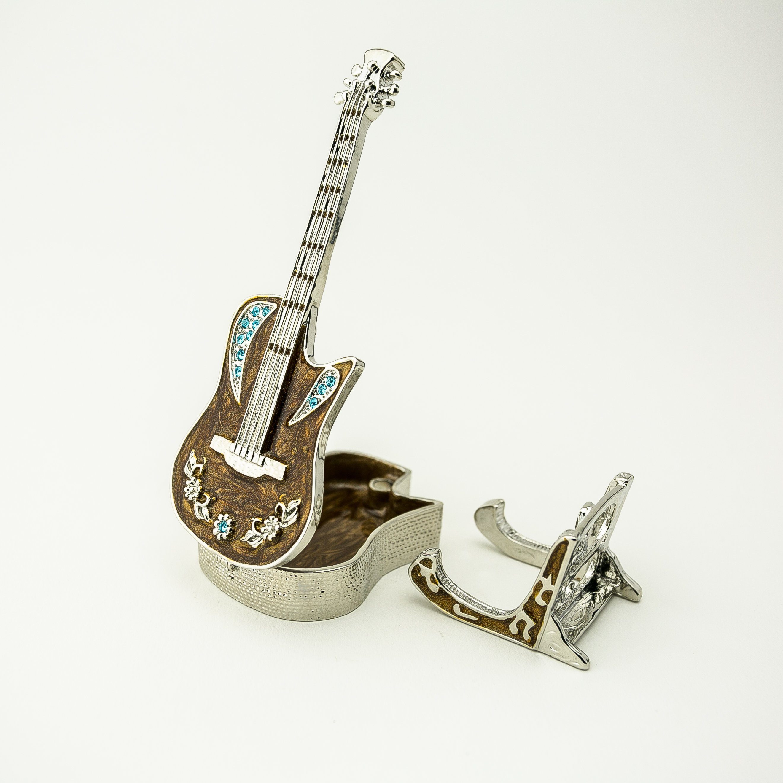 Handmade Guitar on Stand jewelry box with Austrian crystals and 24K gold plating, elegantly designed for storing jewelry.