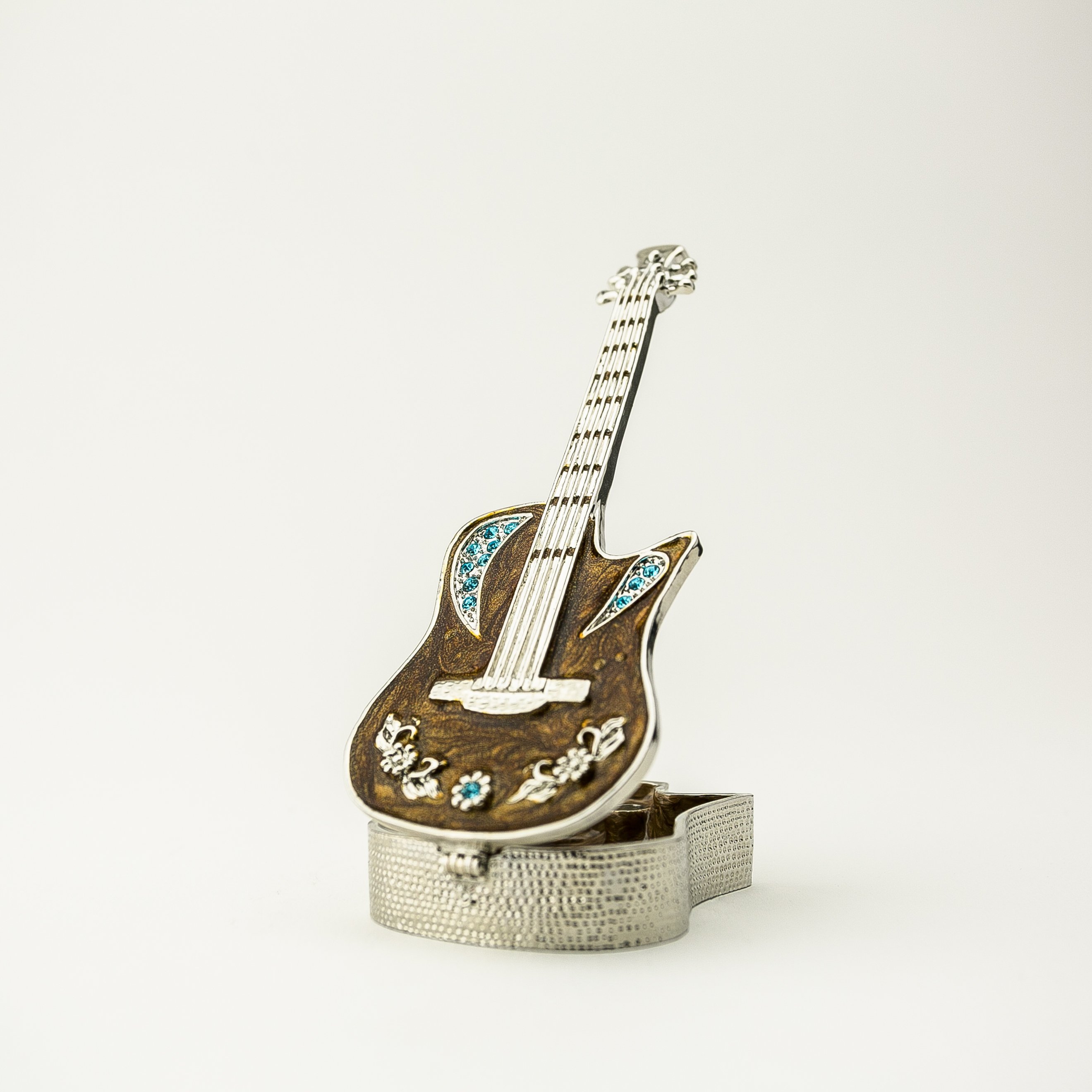 Handmade Guitar on Stand jewelry box with Austrian crystals and 24K gold plating, elegantly designed for storing jewelry.