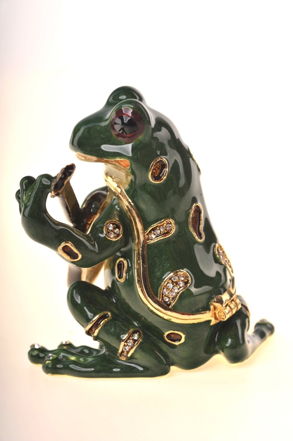 A beautifully crafted enamel painted trinket box shaped like a frog playing a guitar, adorned with Austrian crystals and 925 silver plating.