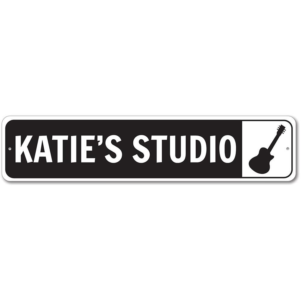 Customizable Guitar Studio Sign made from high-quality aluminum, perfect for kids' rooms and music lovers.