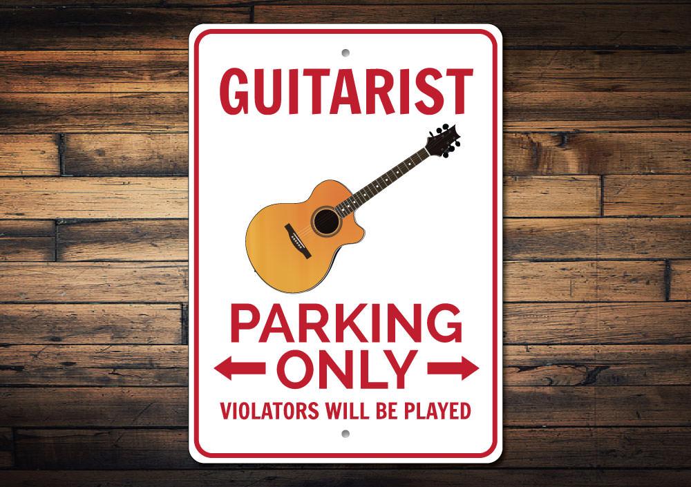 Guitarist Parking Sign made of durable aluminum, featuring a creative design for reserved parking.