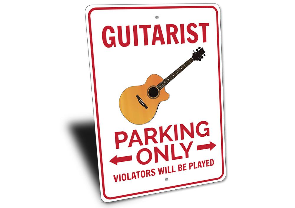 Guitarist Parking Sign made of durable aluminum, featuring a creative design for reserved parking.