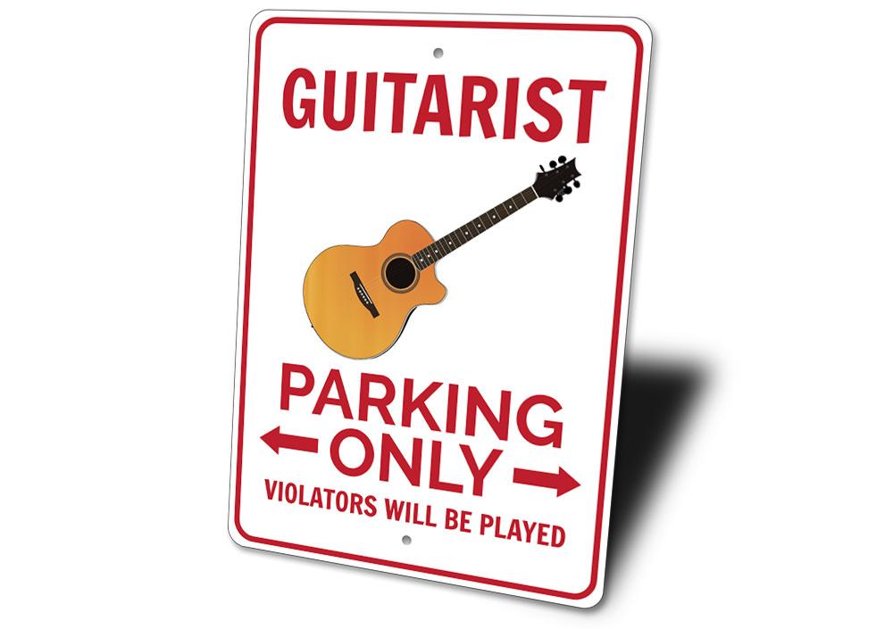 Guitarist Parking Sign made of durable aluminum, featuring a creative design for reserved parking.