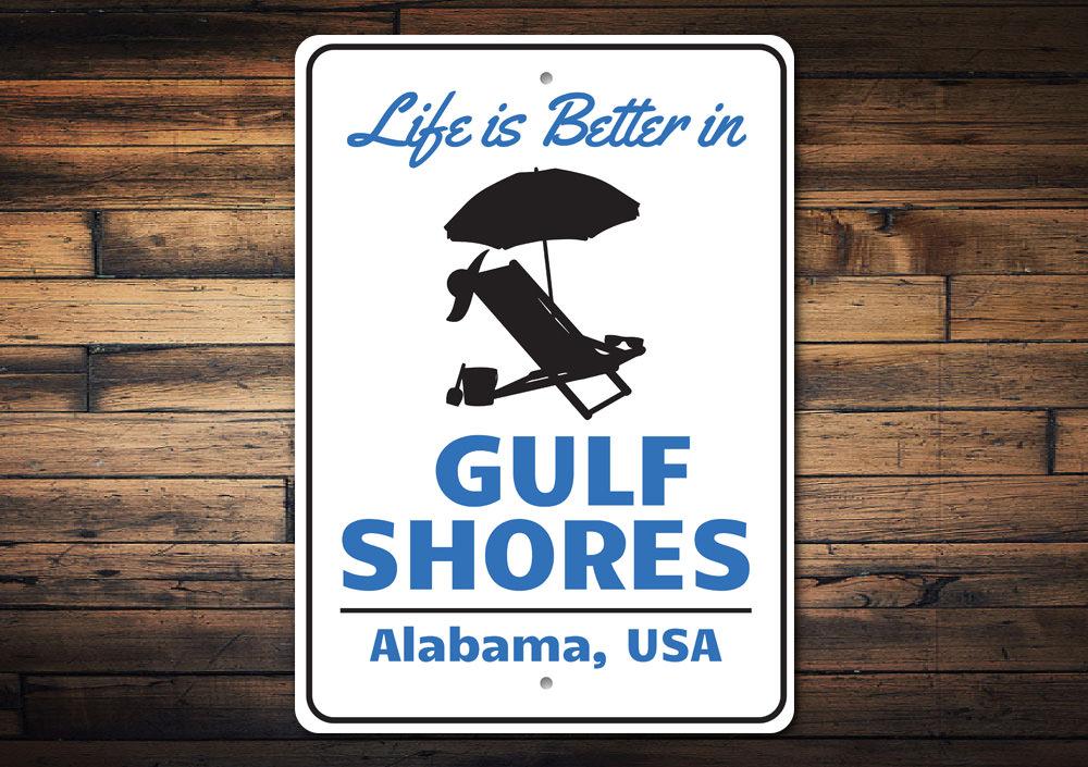 Gulf Shores Alabama Sign made of high-quality aluminum, featuring a coastal design perfect for beach houses and decor.