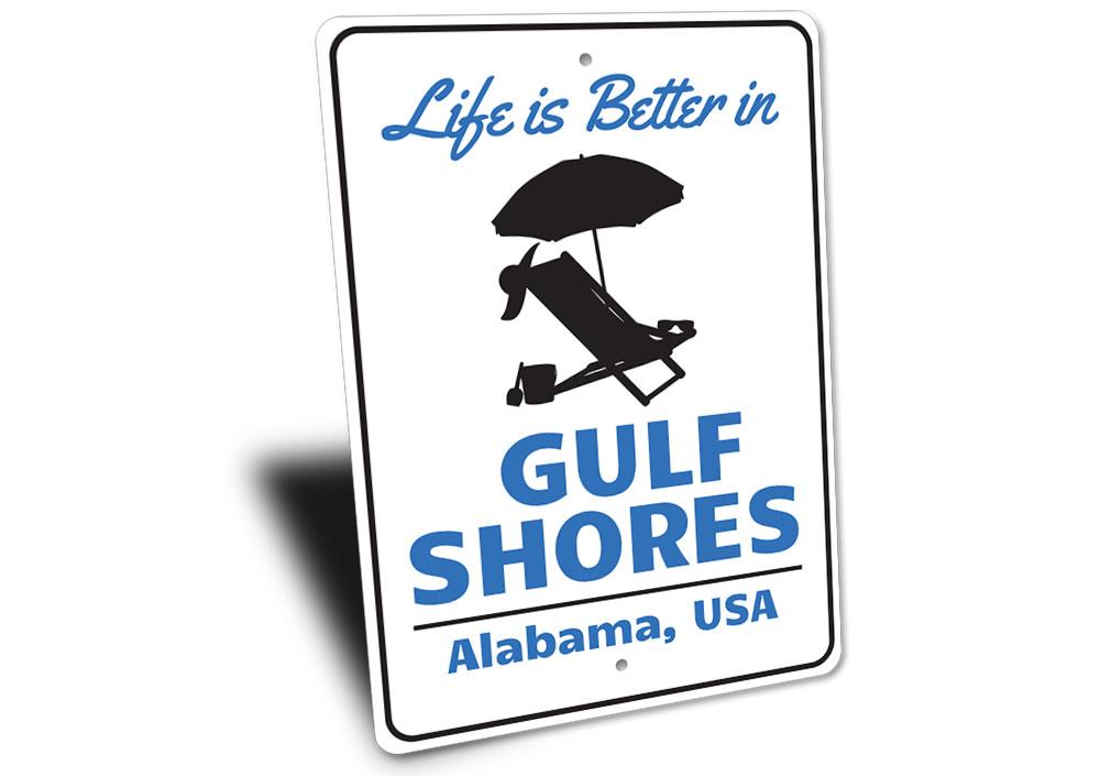 Gulf Shores Alabama Sign made of high-quality aluminum, featuring a coastal design perfect for beach houses and decor.