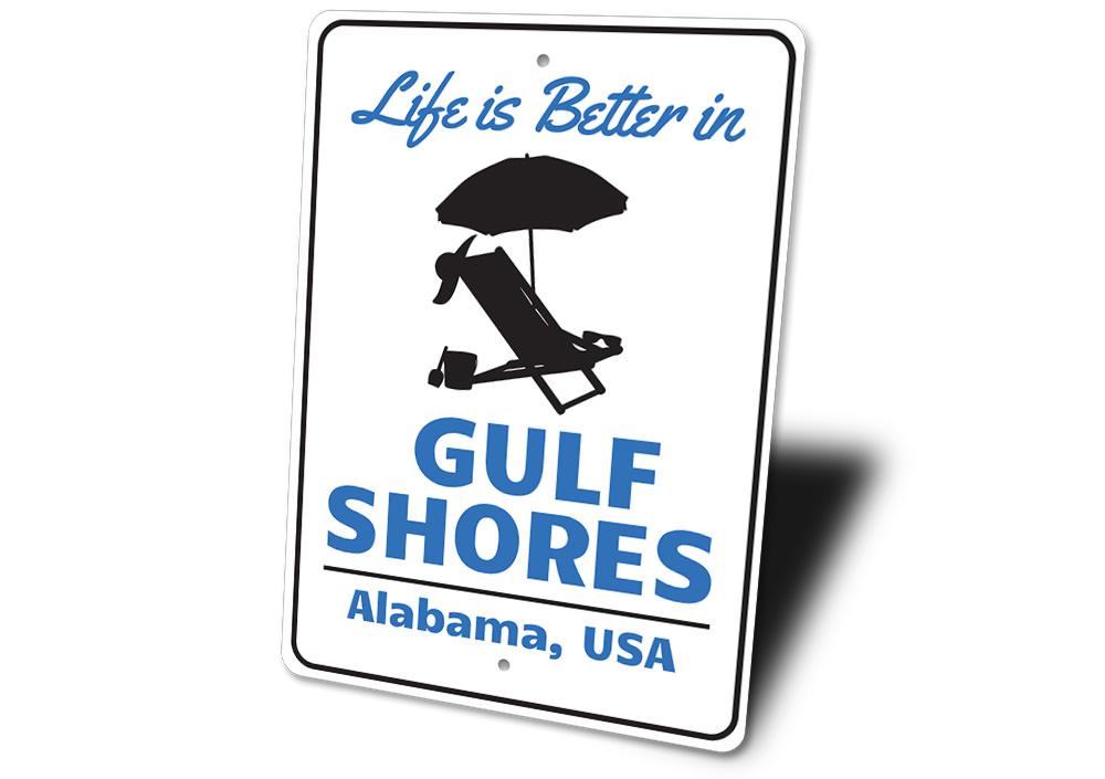 Gulf Shores Alabama Sign made of high-quality aluminum, featuring a coastal design perfect for beach houses and decor.