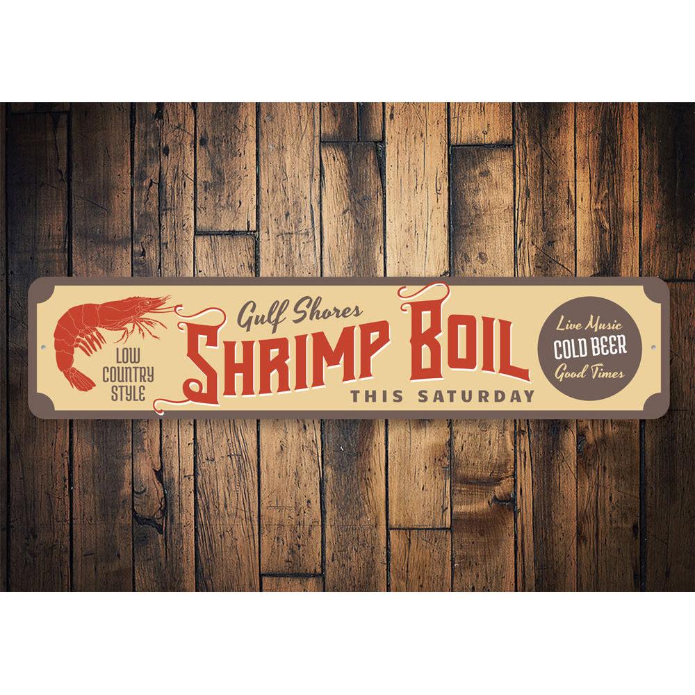 Gulf Shores Shrimp Boil Sign made of aluminum, featuring vibrant colors and a beach-themed design, perfect for coastal decor.