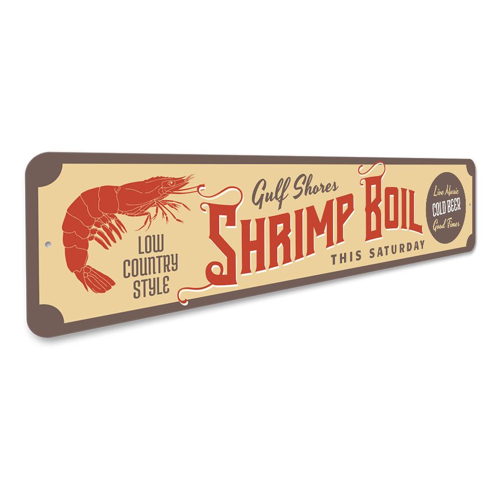 Gulf Shores Shrimp Boil Sign made of aluminum, featuring vibrant colors and a beach-themed design, perfect for coastal decor.