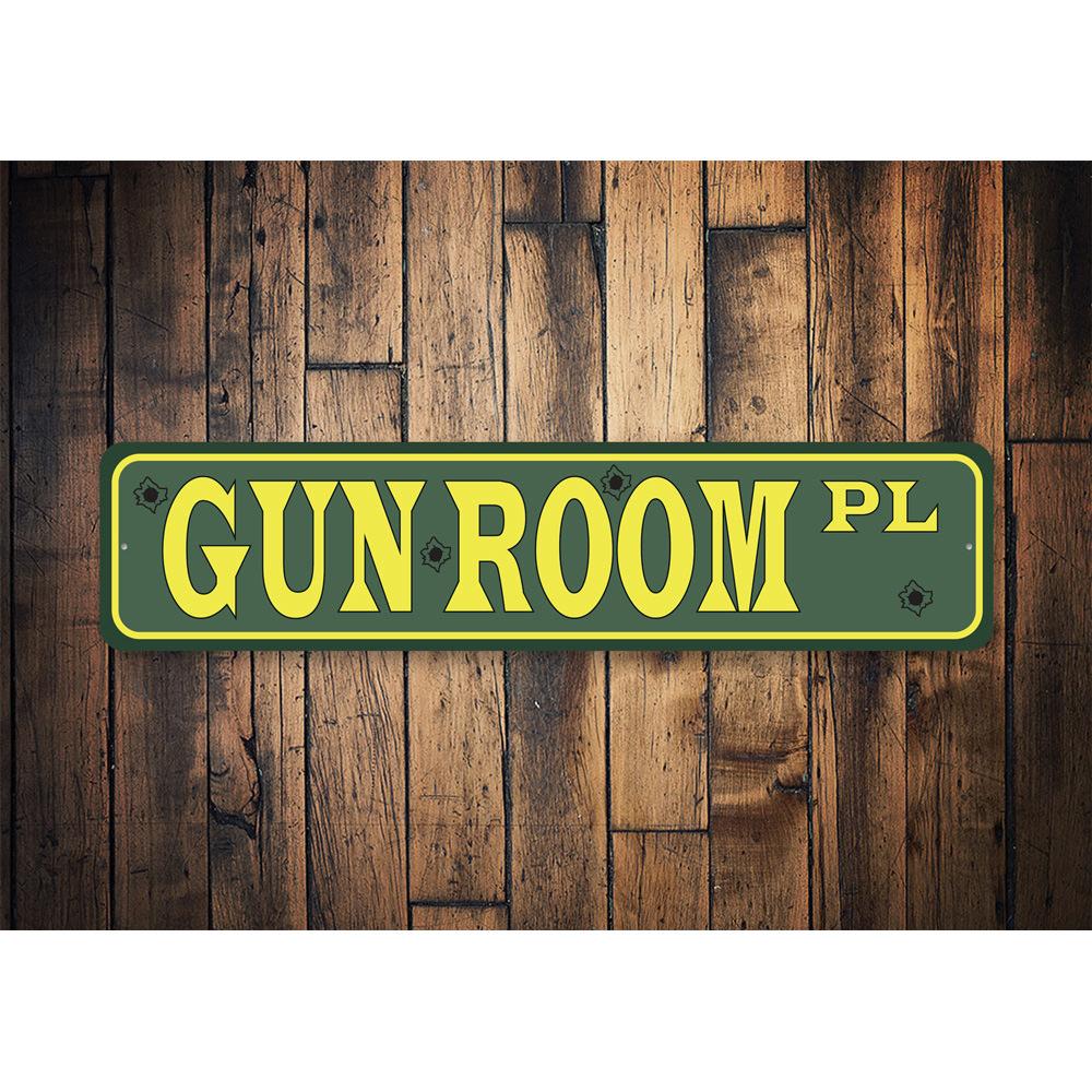 A custom Gun Room Street Sign made of high-quality aluminum, featuring vibrant colors and a sleek design, perfect for home decor.