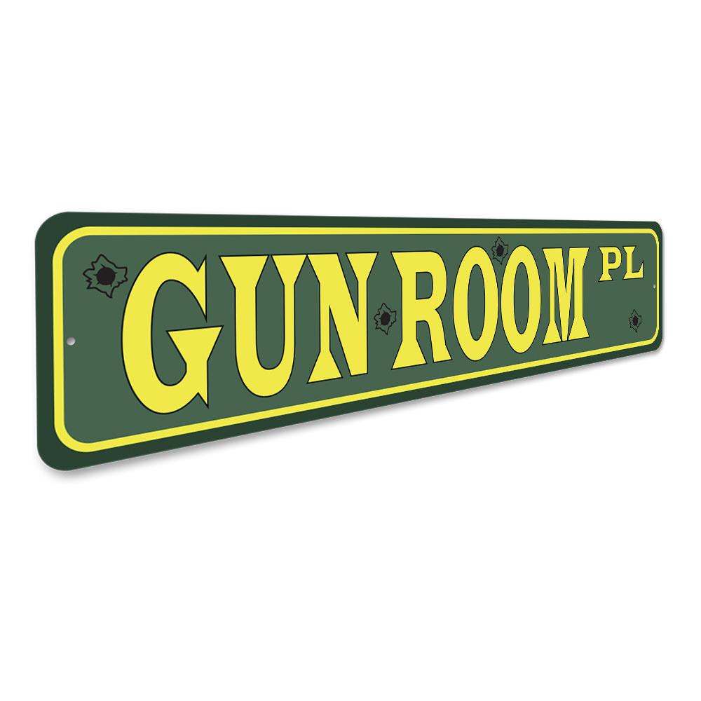 A custom Gun Room Street Sign made of high-quality aluminum, featuring vibrant colors and a sleek design, perfect for home decor.