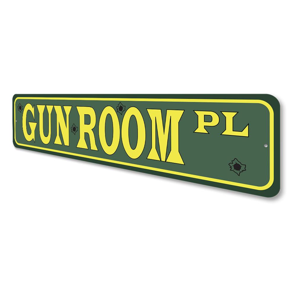 A custom Gun Room Street Sign made of high-quality aluminum, featuring vibrant colors and a sleek design, perfect for home decor.