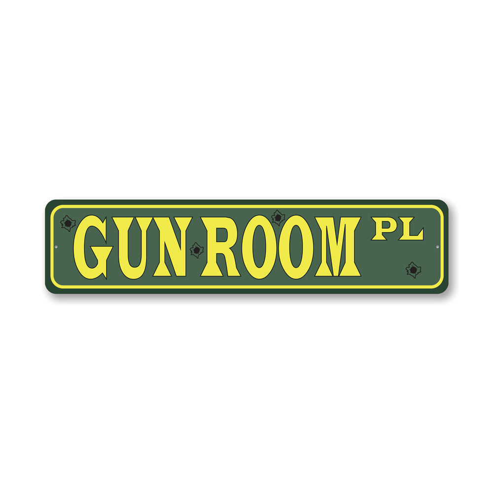 A custom Gun Room Street Sign made of high-quality aluminum, featuring vibrant colors and a sleek design, perfect for home decor.