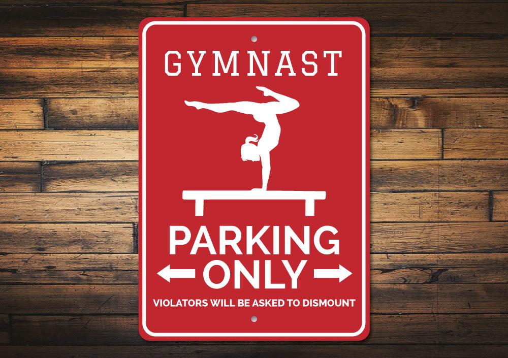 A vibrant Gymnast Parking Sign made of durable aluminum, featuring a gymnast silhouette and customizable text options.