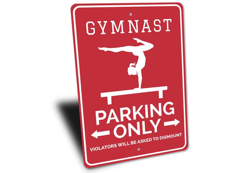 A vibrant Gymnast Parking Sign made of durable aluminum, featuring a gymnast silhouette and customizable text options.