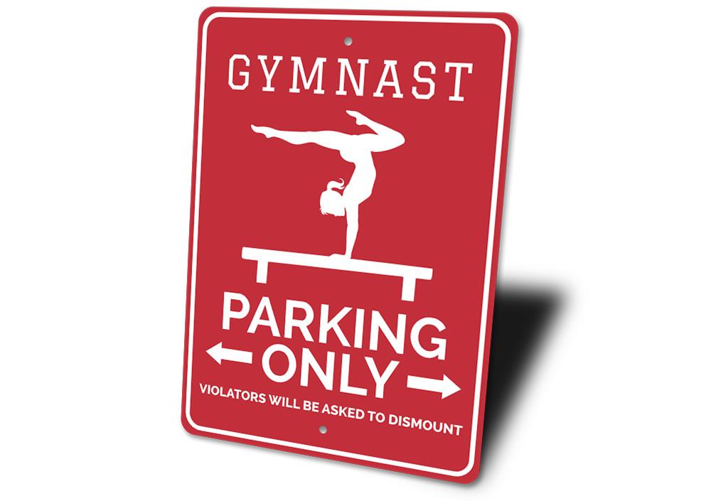 A vibrant Gymnast Parking Sign made of durable aluminum, featuring a gymnast silhouette and customizable text options.