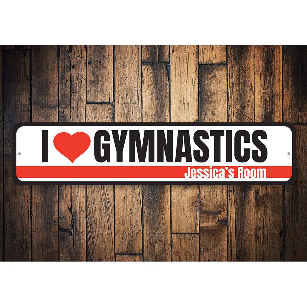 Customizable gymnastics sign made of durable aluminum, featuring vibrant colors and pre-drilled holes for easy mounting.