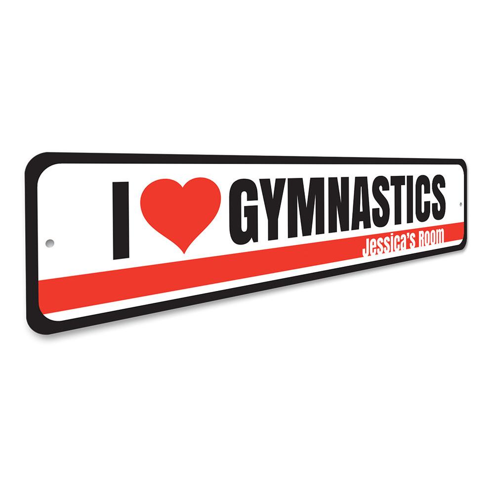 Customizable gymnastics sign made of durable aluminum, featuring vibrant colors and pre-drilled holes for easy mounting.