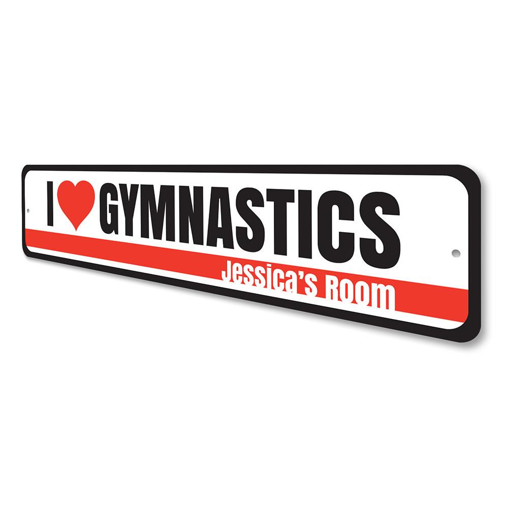 Customizable gymnastics sign made of durable aluminum, featuring vibrant colors and pre-drilled holes for easy mounting.